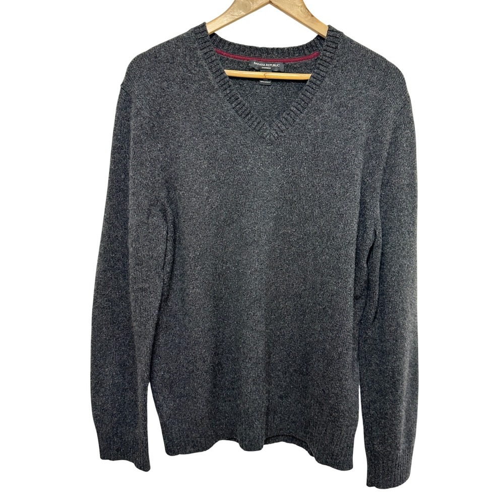 Banana Republic Cashmere Sweater Mens Large Charcoal Gray V-Neck Cozy Preppy